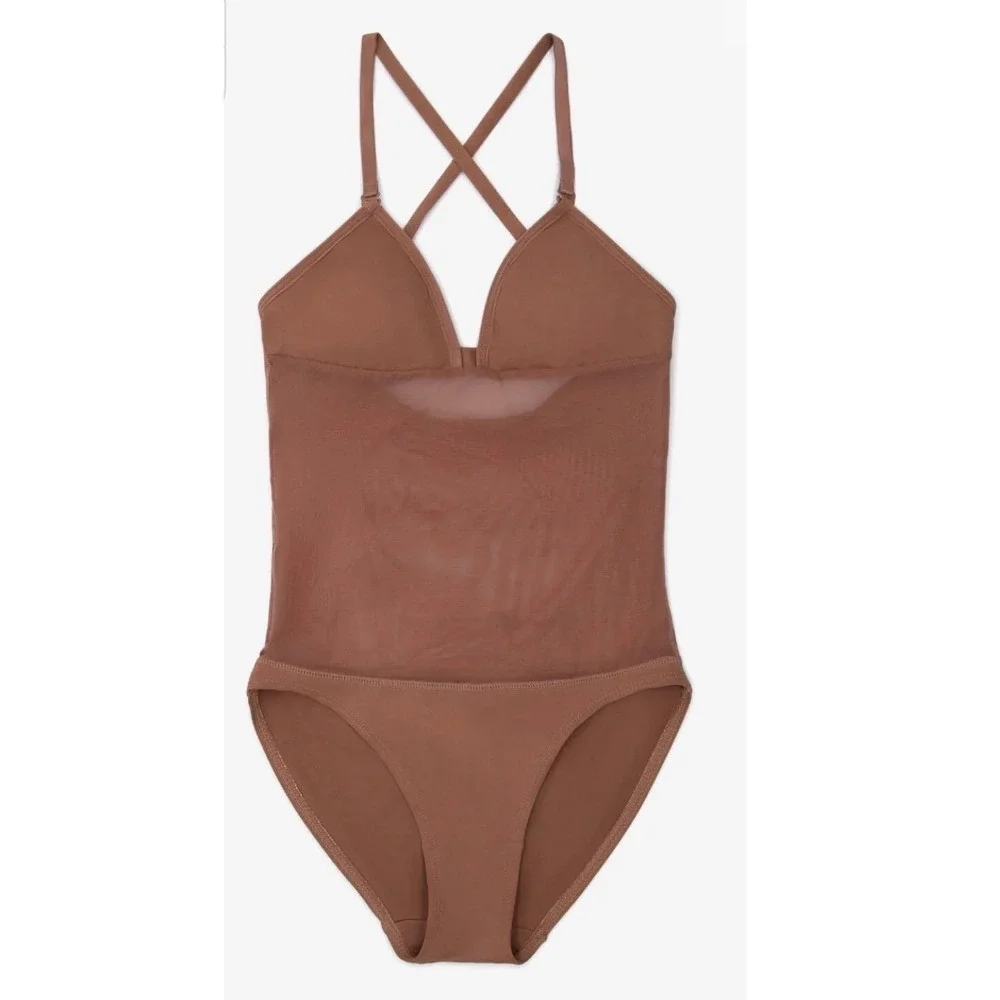 Capezio Plunge Neck Mesh Midriff Leotard Mocha Brown NWT Size CM